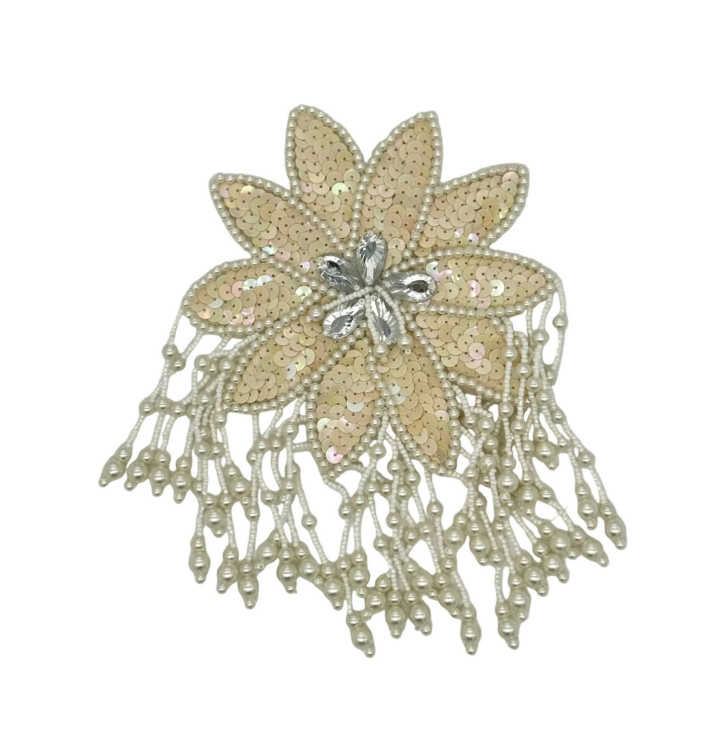 Epaulet Flower - Beige Sequins -White Beads - Teardrop Shape Clear Rhinestones 8" x 5.5"