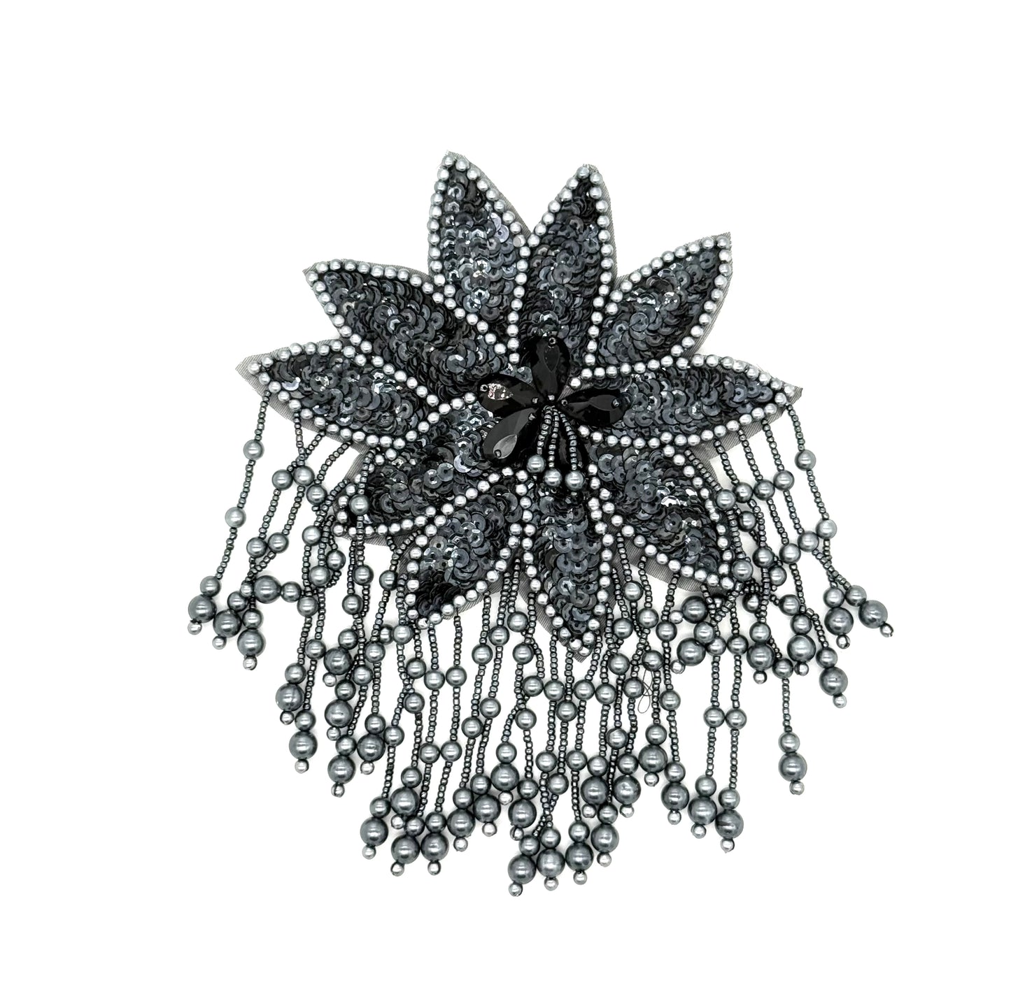 Flor de charretera - Lentejuelas carbón - Cuentas grises - Diamantes de imitación negros en forma de lágrima 8"x 5.5"