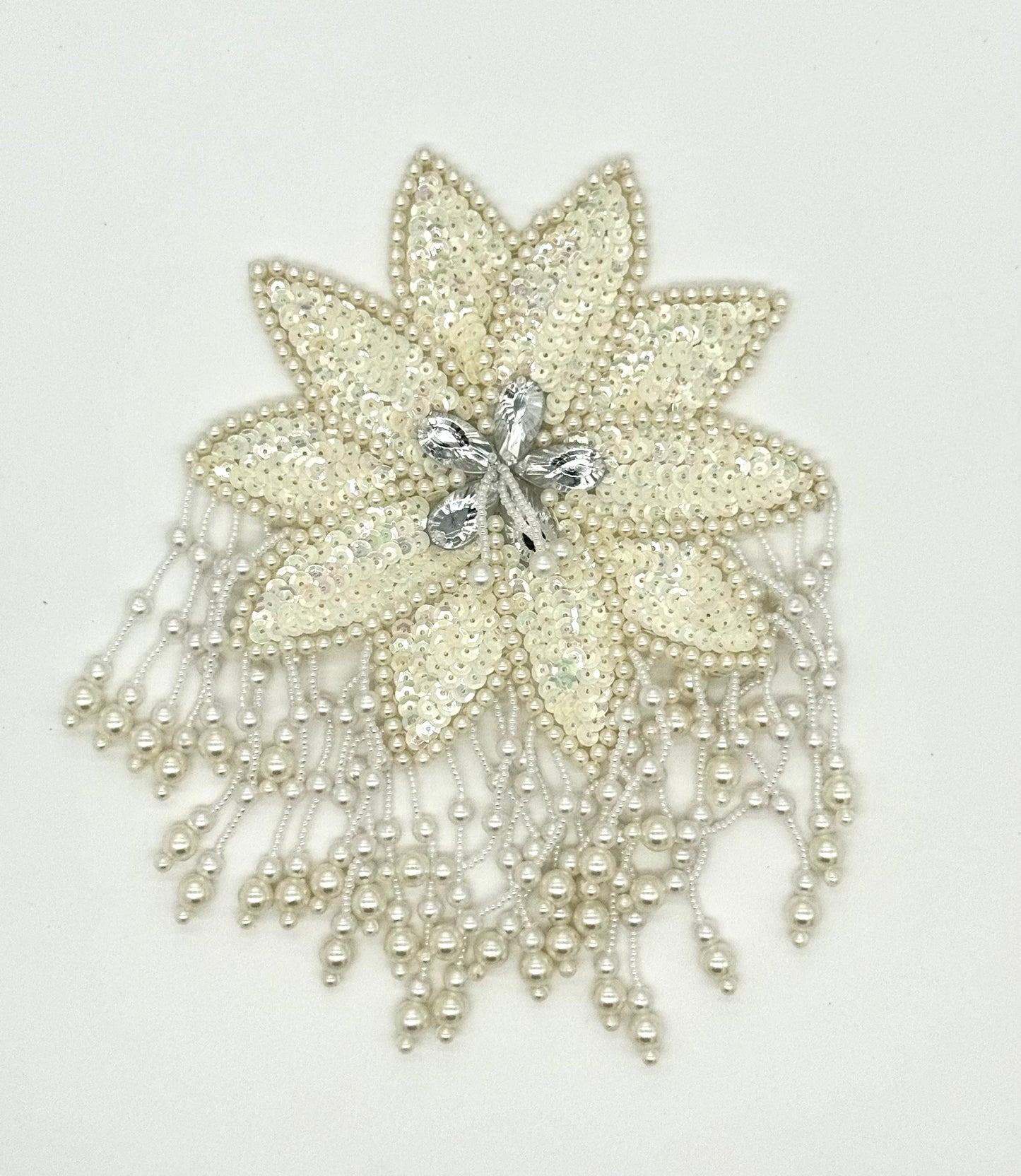 Epaulet Flower - Iridescent Sequins - White Beads - Teardrop Shape Clear Rhinestones 8" x 5.5"