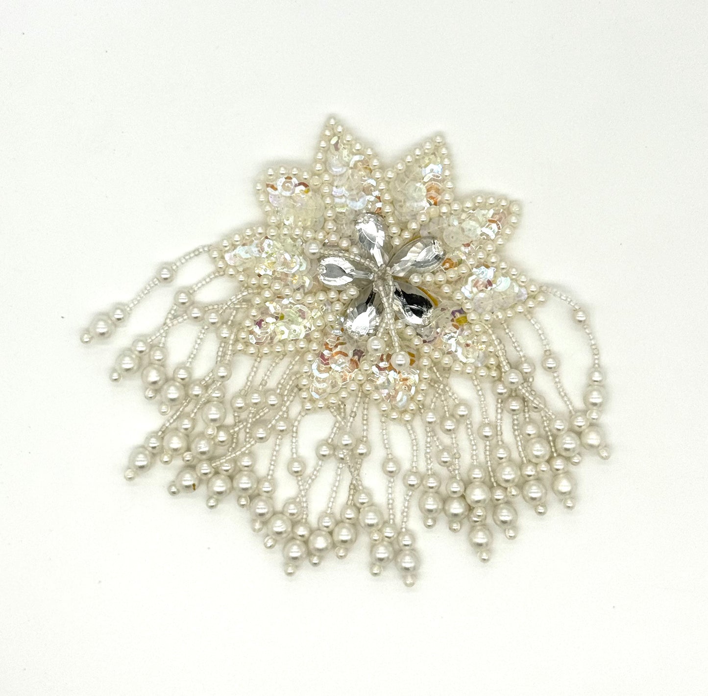 Epaulet Flower - Iridescent Sequins - White/Iridescent Beads - Teardrop Shape Clear Rhinestones -Choice of Size: 8" x 5.5" or 6”x 4”