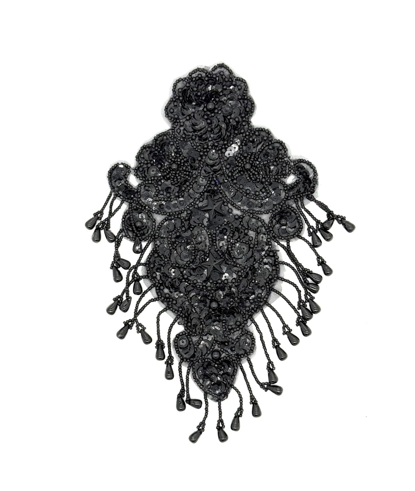 Hombrera - Lentejuelas negras - Cuentas negras - Estrellas de piedra negra central 9’x 5”