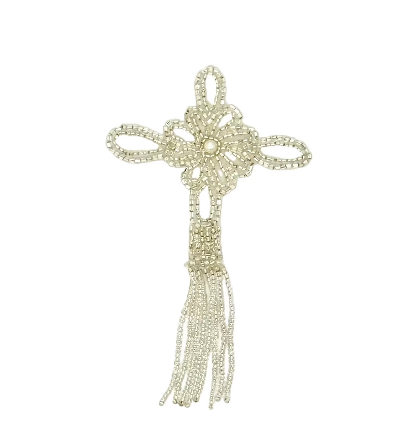 Epaulet Cross - Silver/Iridescent Beads - Fringe - Pearl 5" x 3"