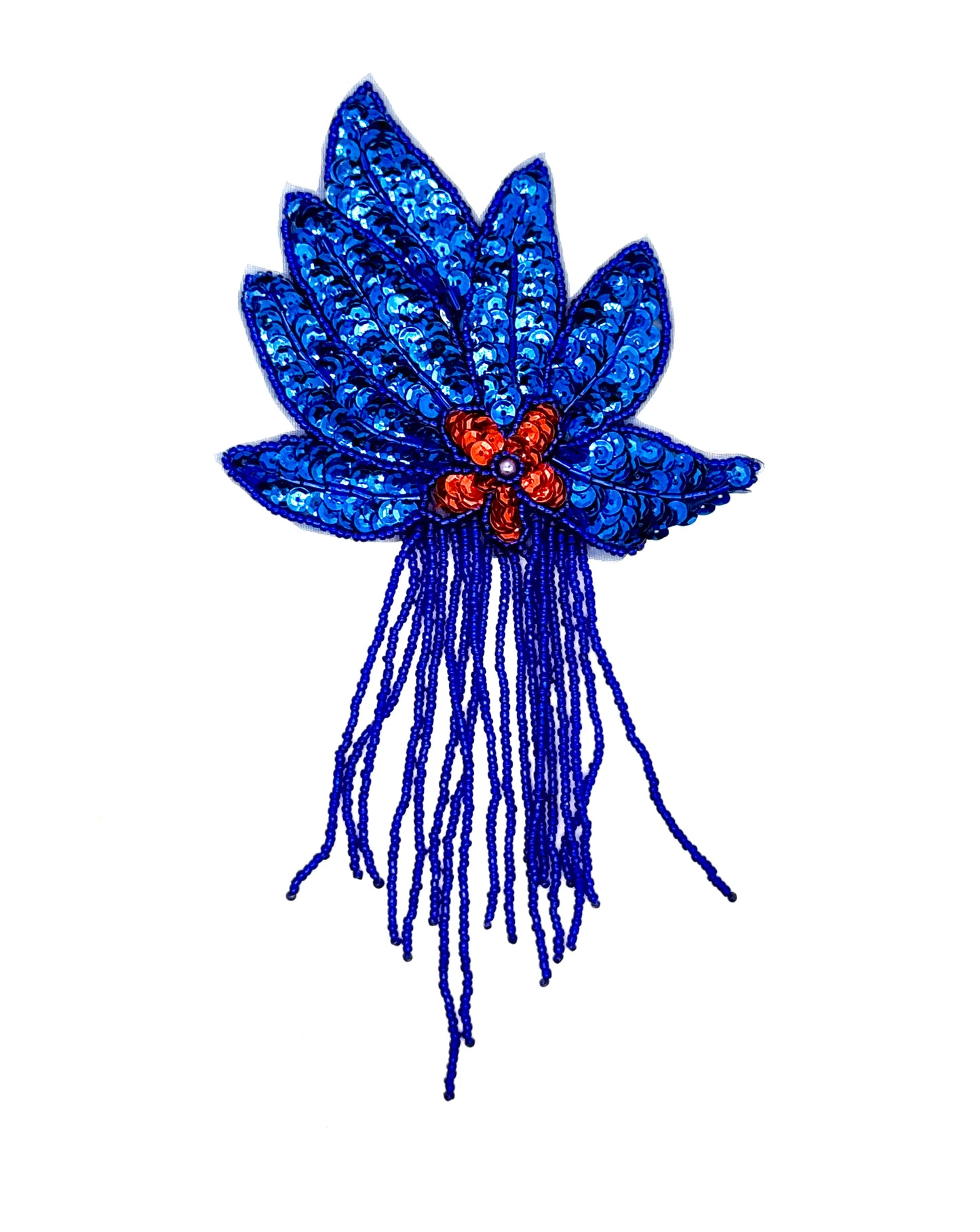 Flor para hombrera - Lentejuelas rojas en el centro - Lentejuelas/cuentas azul real 8.5" x 4"