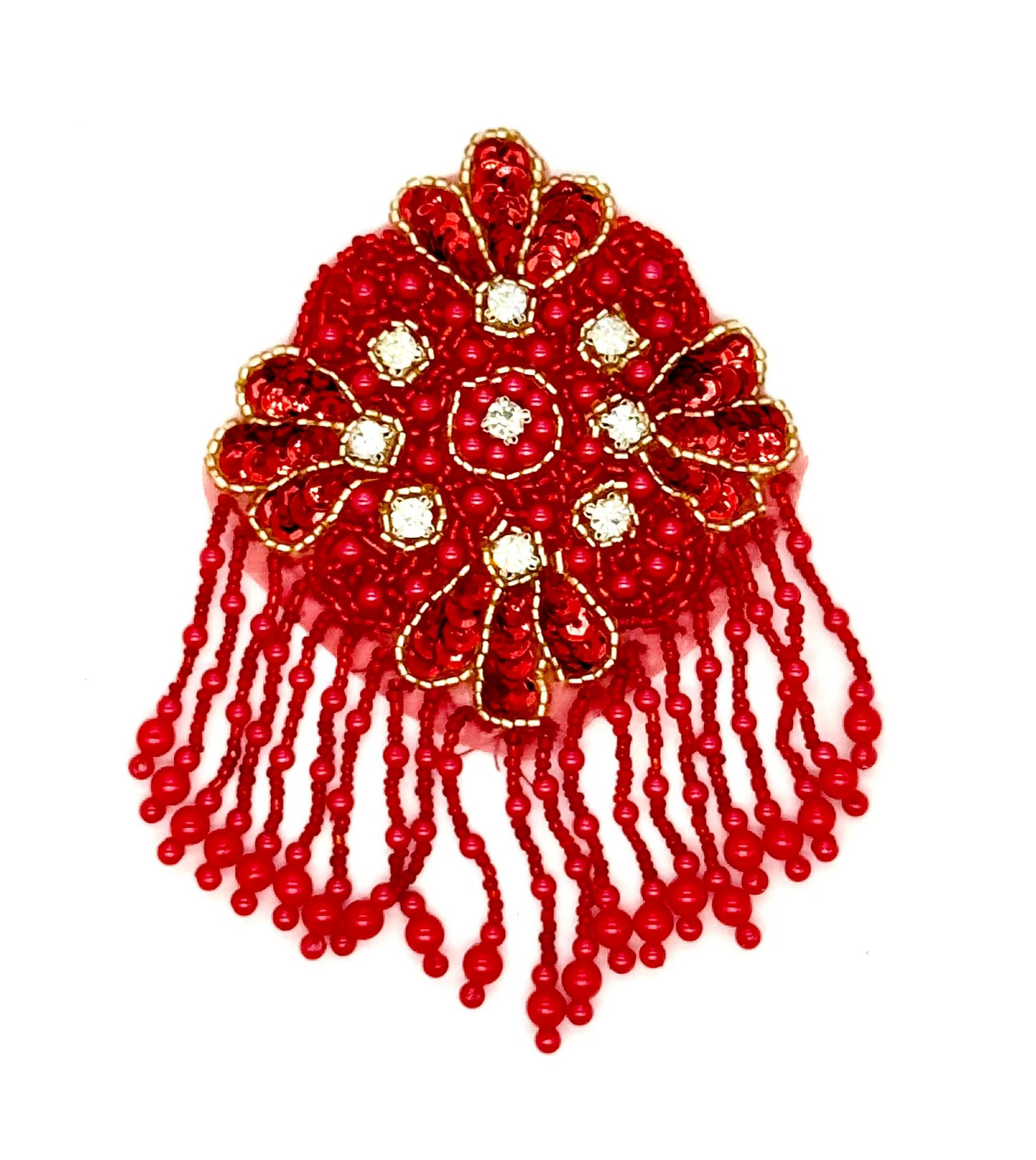 Epaulet - Red Sequins - Red/Gold/Fuchsia Beads - Rhinestones 5.25”x 3.25”