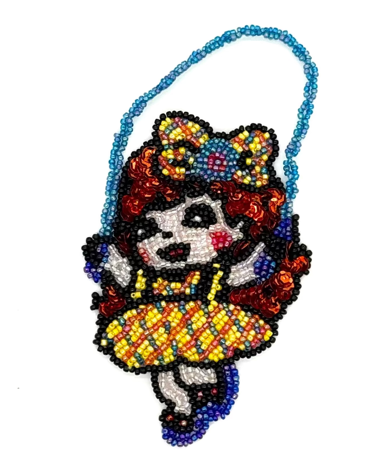 Colorful beaded girl with a blue jump rope on a white background