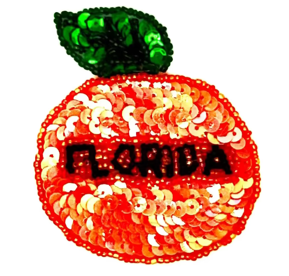 Naranja de Florida - Naranja iridiscente/Lentejuelas naranjas - Lentejuelas/Cuentas verdes - Cuentas negras - Dos colores a elegir 3.25" x 3"