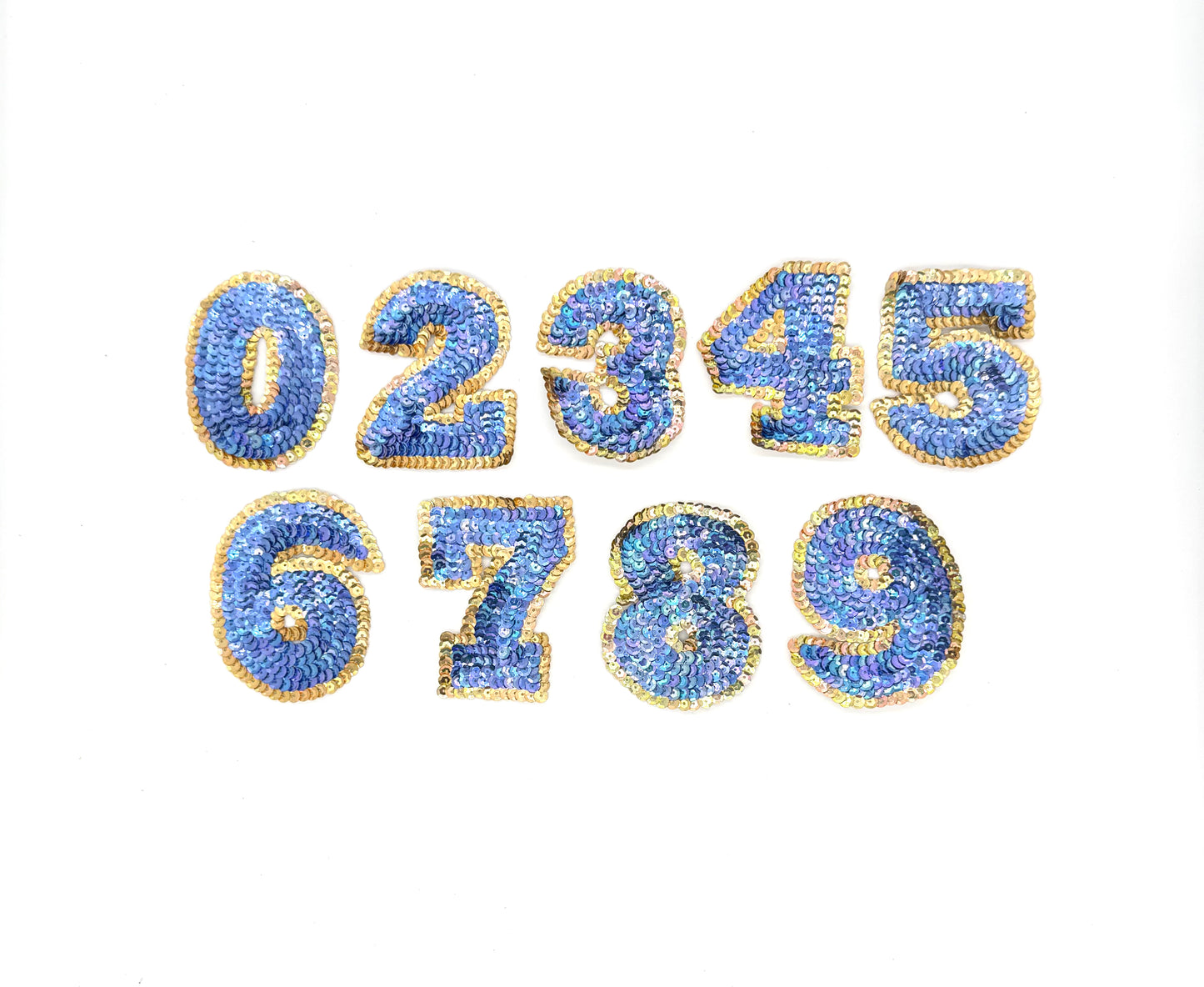 3.5” Sparkly Number Appliqué - Iridescent Blue Sequins - Gold Sequin Trim