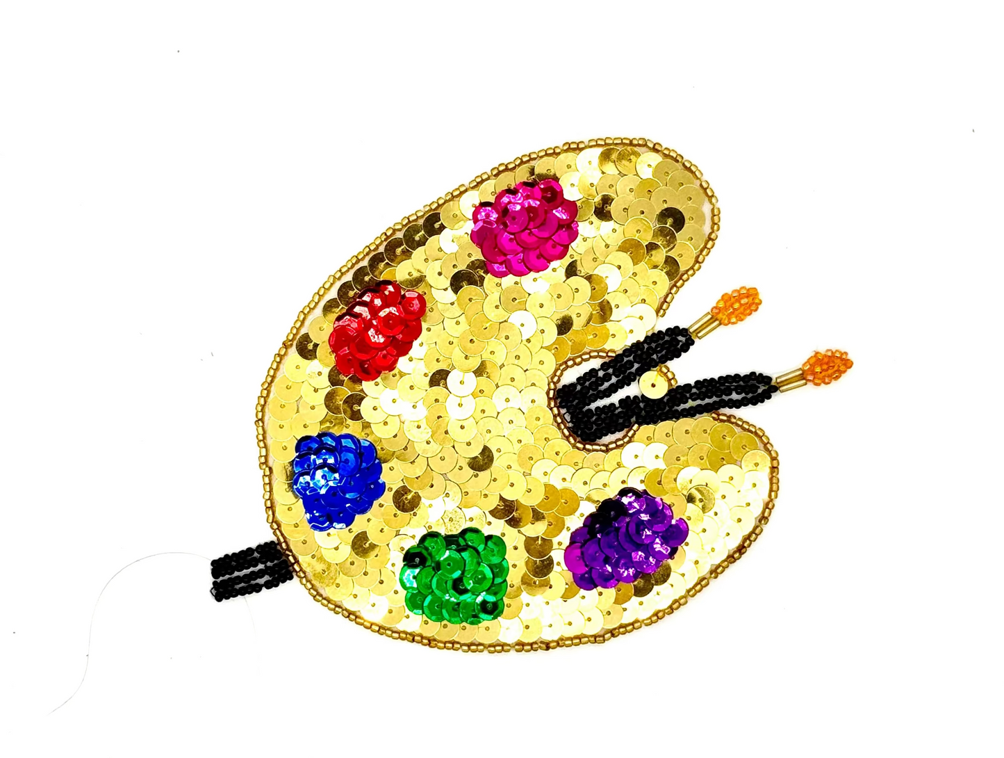 Aplique de paleta de artista - Lentejuelas doradas/multicolores - Cuentas negras/doradas/naranjas 6"x 4.25"