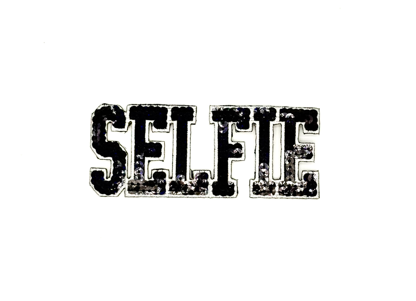 Word “Selfie” - Black Sequins - Silver Embroidered Trim - Iron-on 5" x 2"