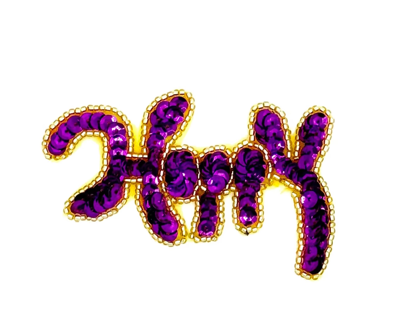 Word "Happy" Appliqué - Purple Sequins - Gold Beads 3.5"x 2”
