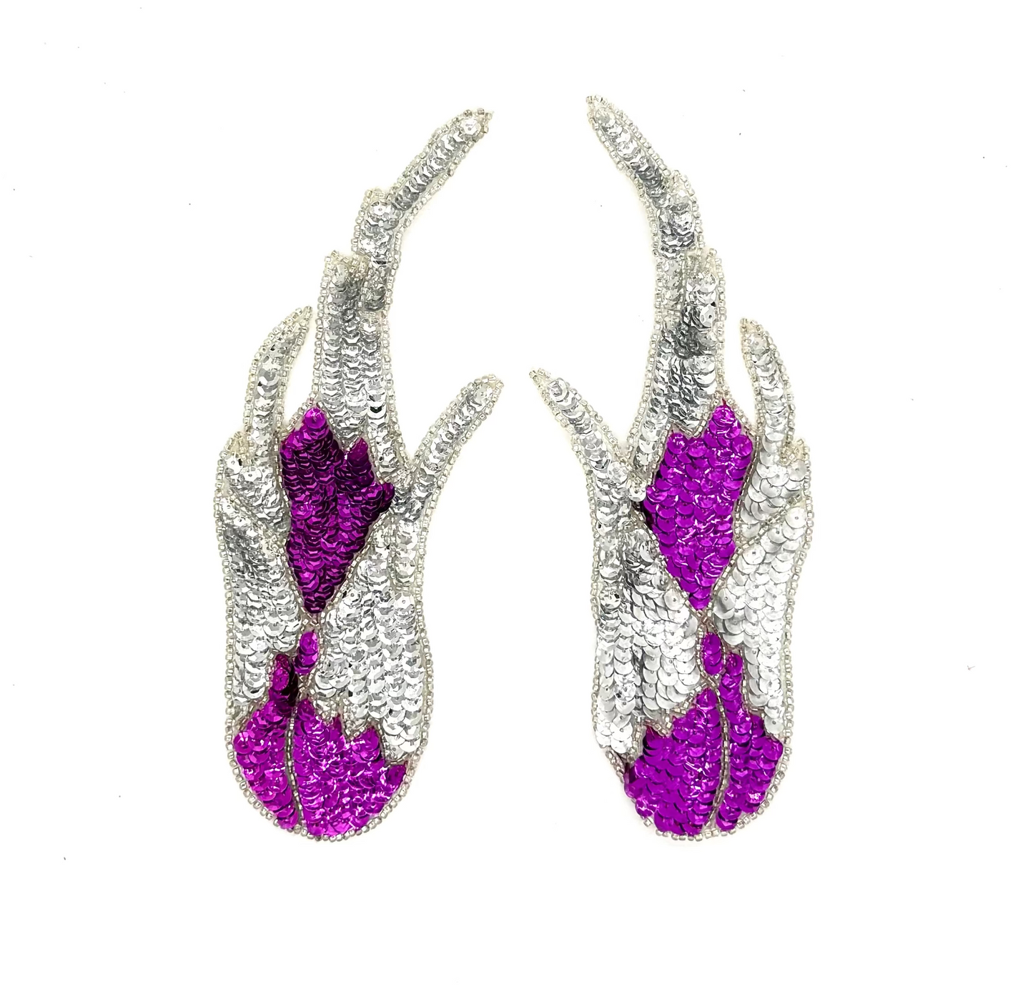 Flame Appliqué - Pair - Orchid Purple/Silver Sequins - Silver Glass Beads 8.5" x 3.25"