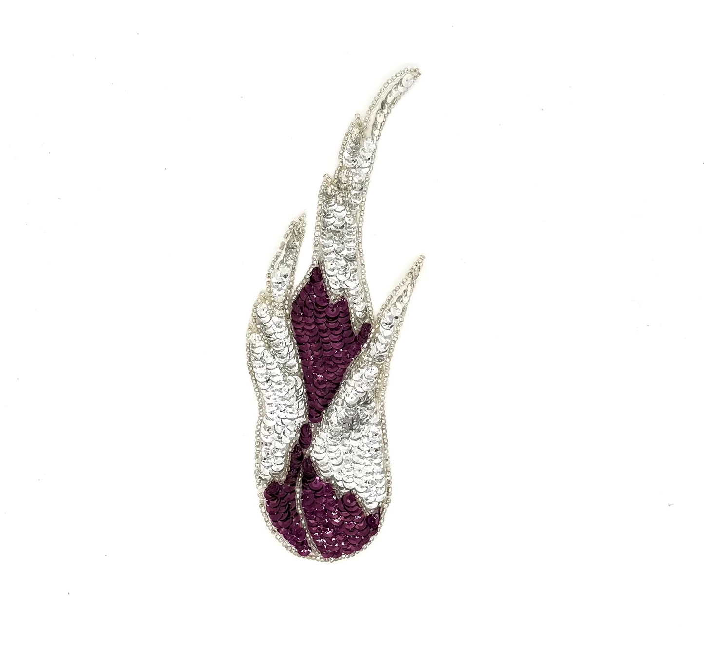 Aplicación de llama - Par o individual - Lentejuelas morado oscuro/plateadas - Cuentas de cristal plateadas 8.5" x 3.25"