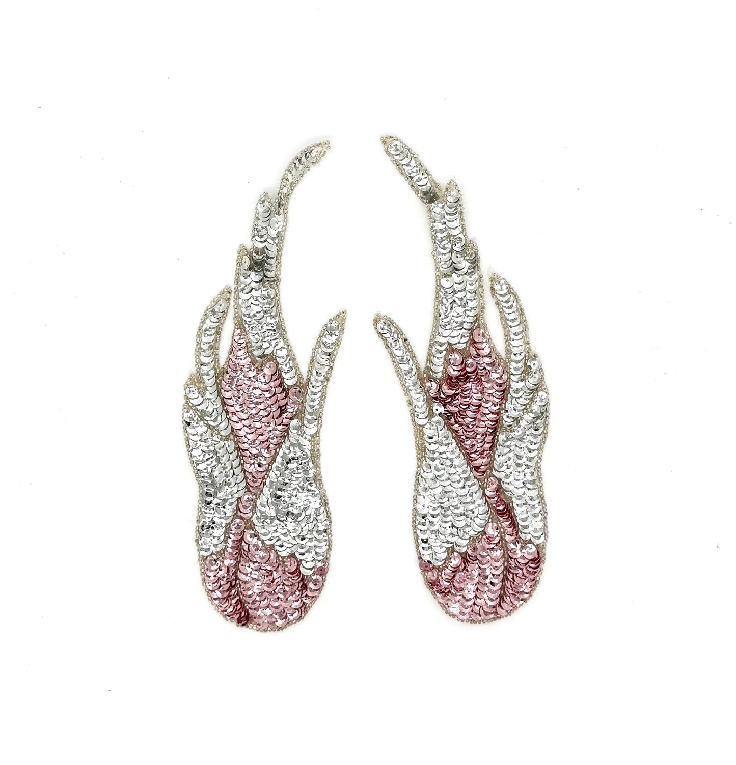 Flame Appliqué - Pair - Pink/Silver Sequins - Silver Glass Beads 8.5" x 3.25"