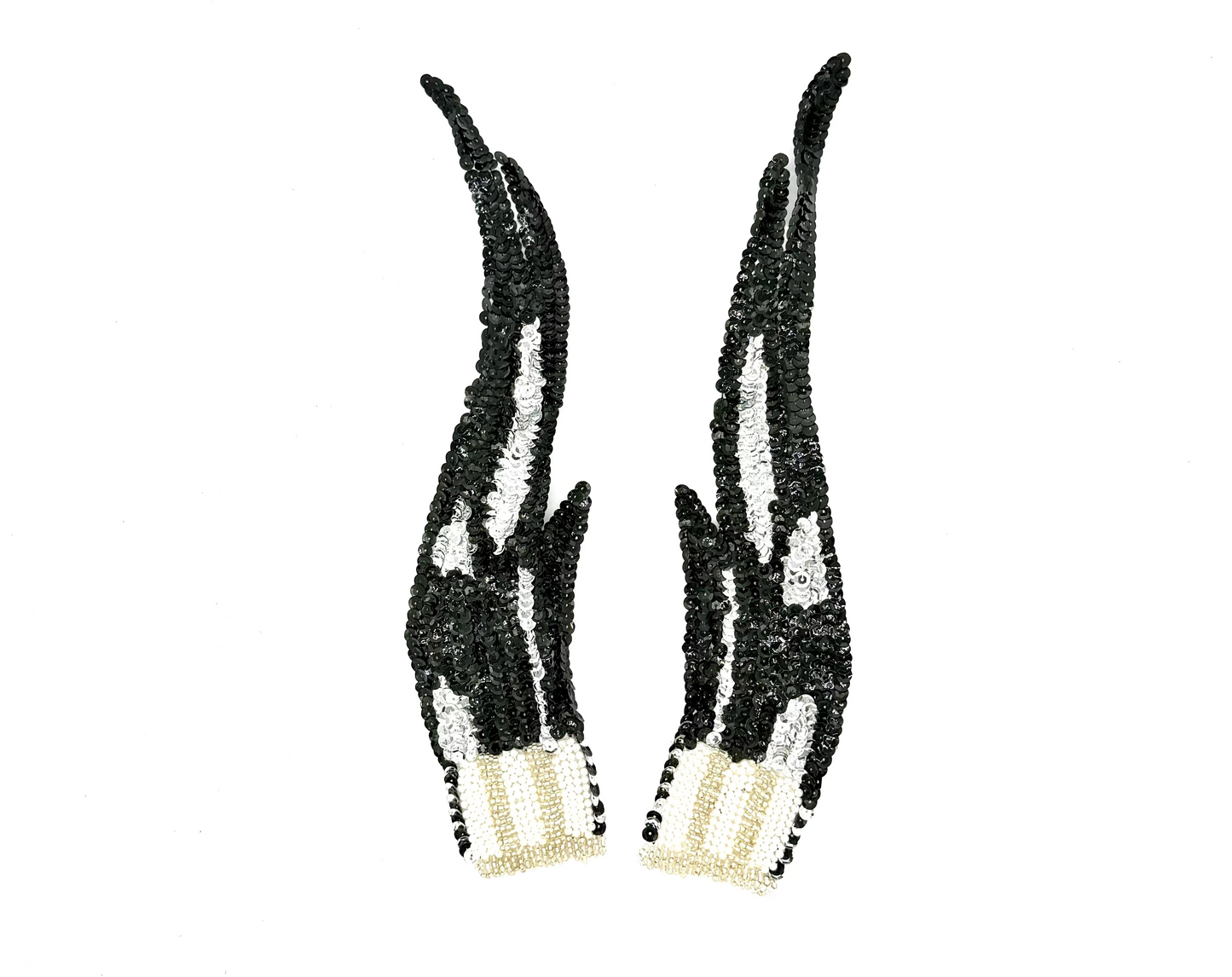 Flame Appliqué - Pair - Black/Silver Sequins Silver Glass Beads - Pearls 12" x 3"