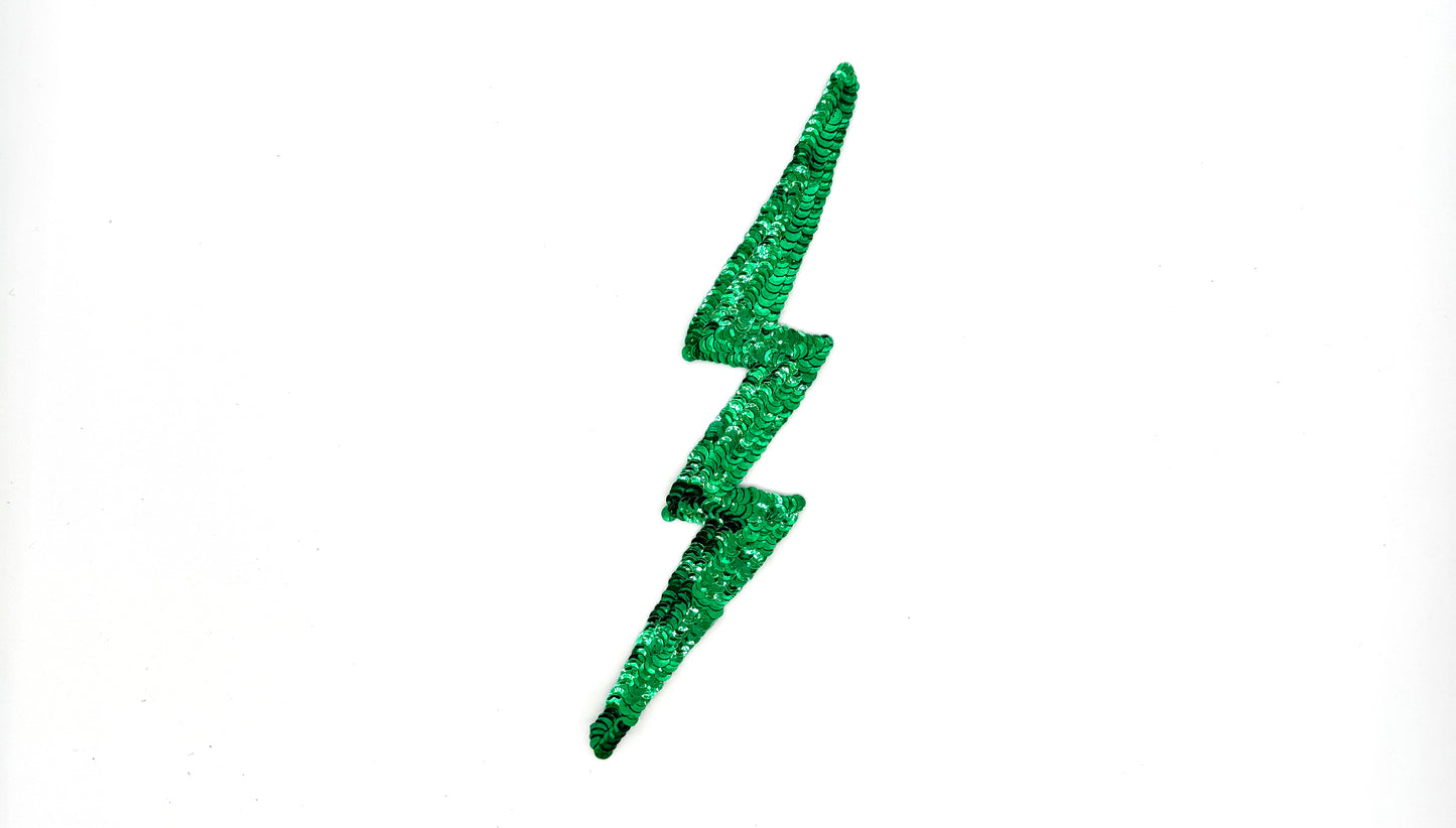Lightning Bolt Appliqué - Emerald Green Sequins 11." x 2"