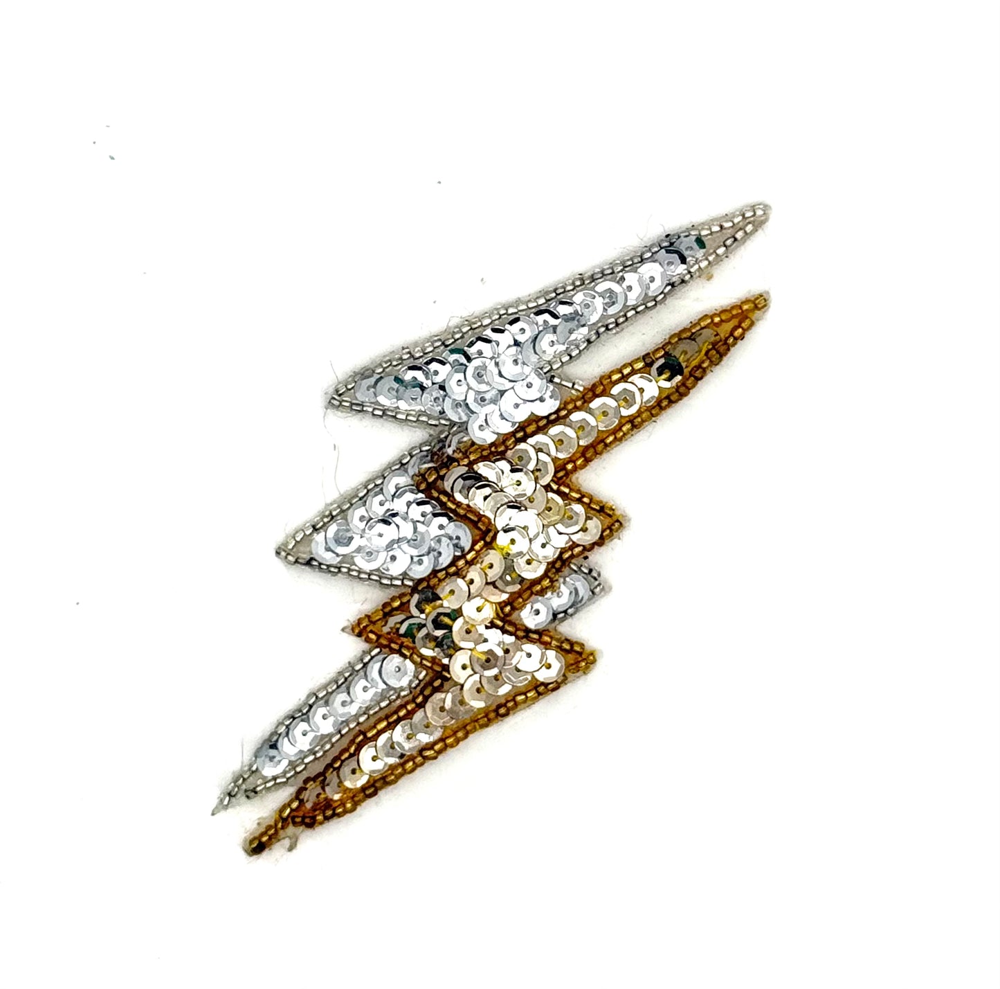 Lightning Bolt Appliqué - Pre-Glued - Silver/Gold Sequins - Silver/Gold Beads 5” x 4”