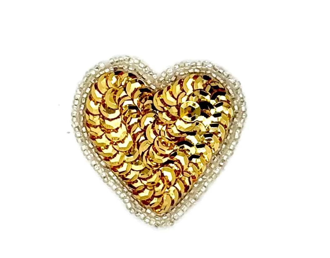 Heart Appliqué - Gold Sequins -Silver Beads 2” x 2”
