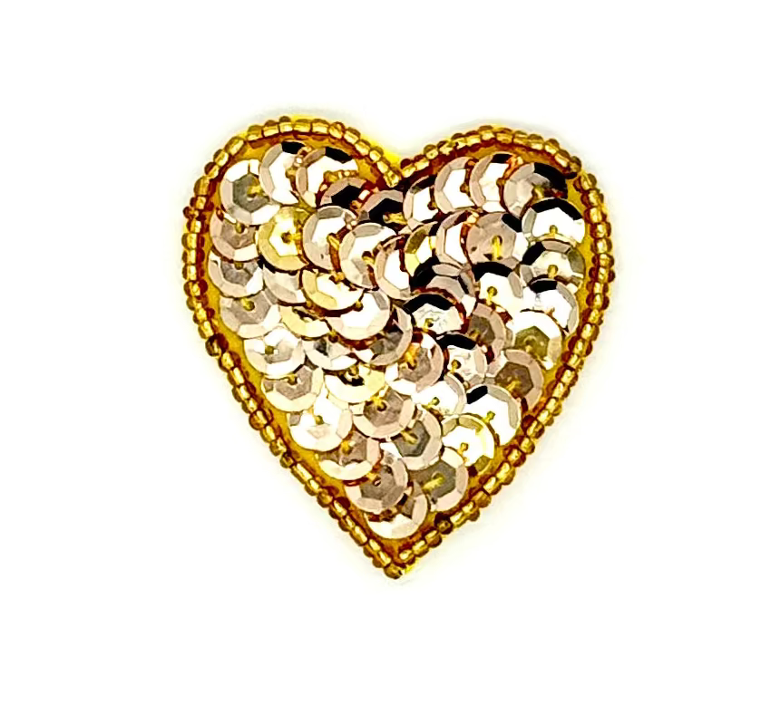 Heart Appliqué - Gold Sequins/Beads 2” x 1.75”