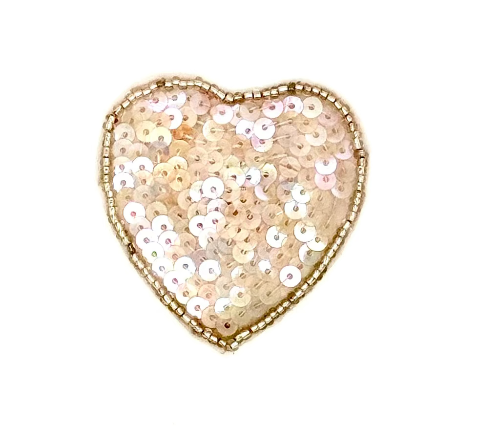 Aplique de corazón - Lentejuelas iridiscentes rosa - Cuentas plateadas 2" x 2"