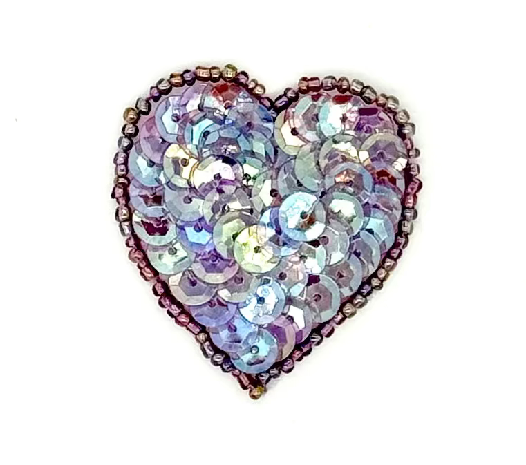 Heart Appliqué - Iridescent Purple Sequins/Beads 2” x 1.75”