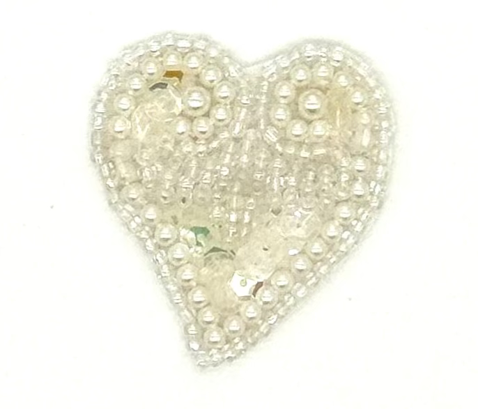 Heart Appliqué - White Iridescent Sequins/Beads - White Pearl Beads 1.75" x 1.5"