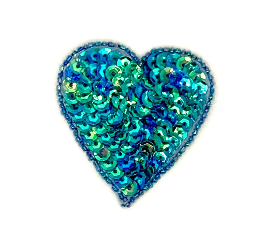 Heart Appliqué - Iridescent Turquoise/Aqua/Blue Sequins/Beads - Choice of Size 4”, 3” or 2”