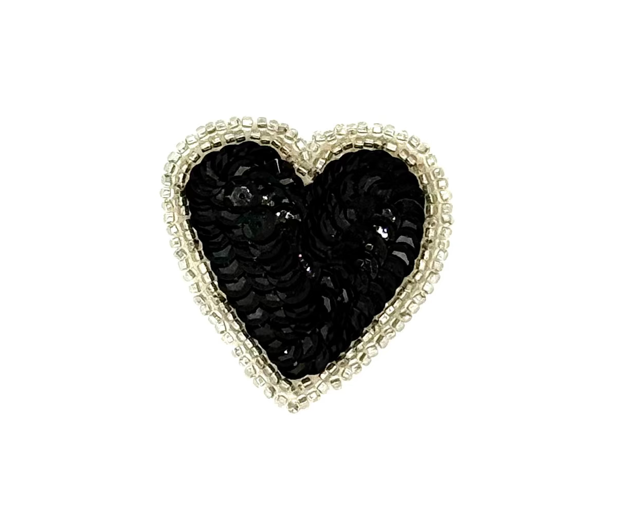 Heart Appliqué - Black Sequins - Double Silver Beads 2” x 2”
