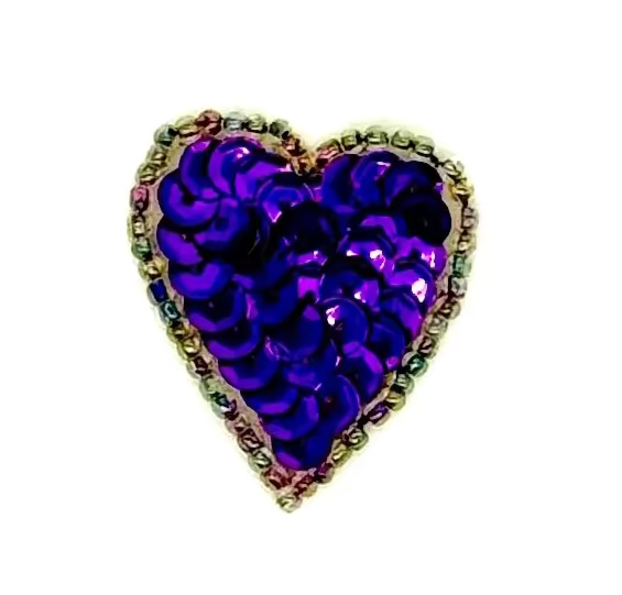 Heart Appliqué - Purple Sequins- Iridescent Beads 1.25"x 1”
