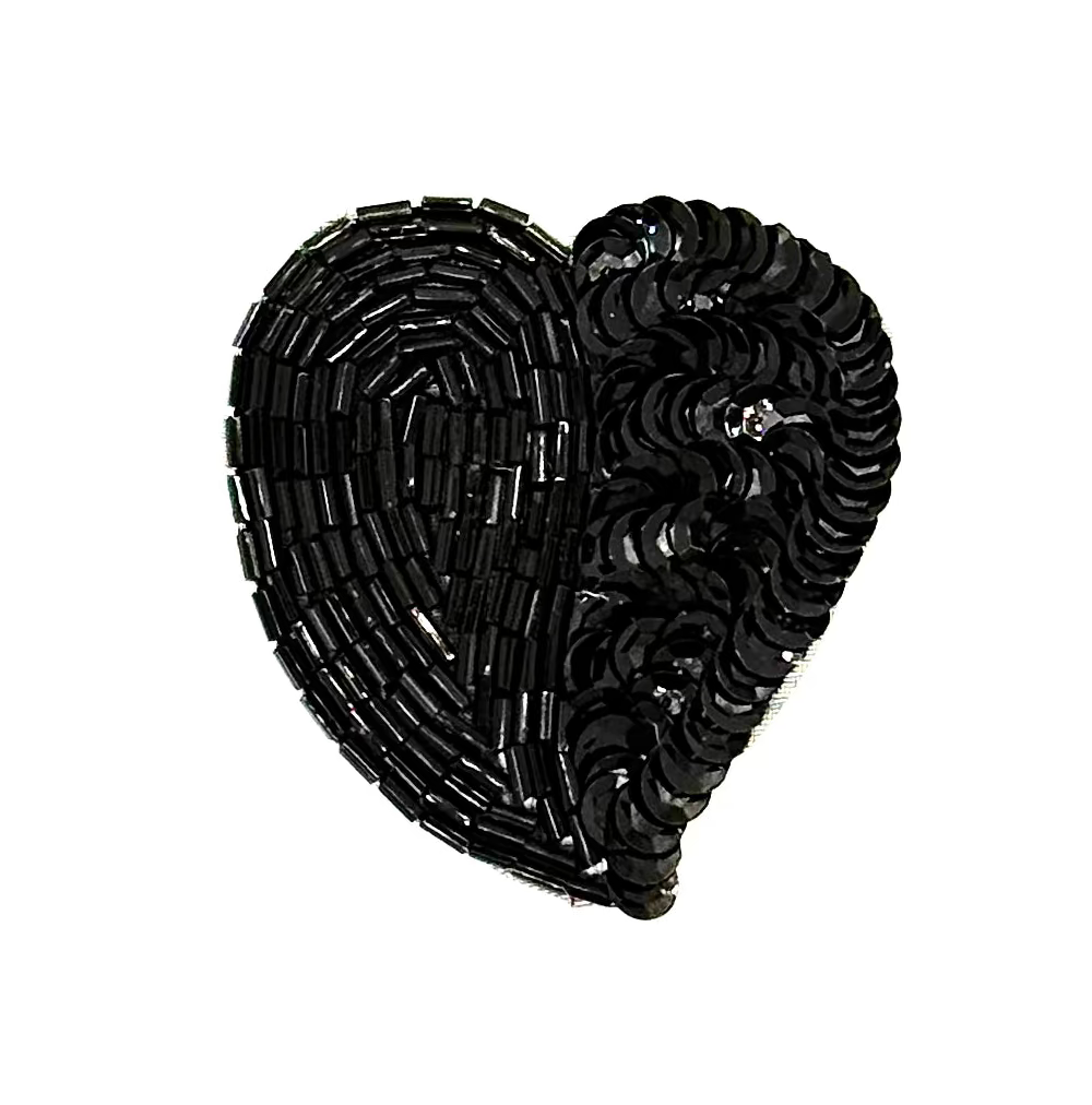Heart Appliqué - Double Leaf Accent - Black Beads/Sequins 2.5" x 2.25"
