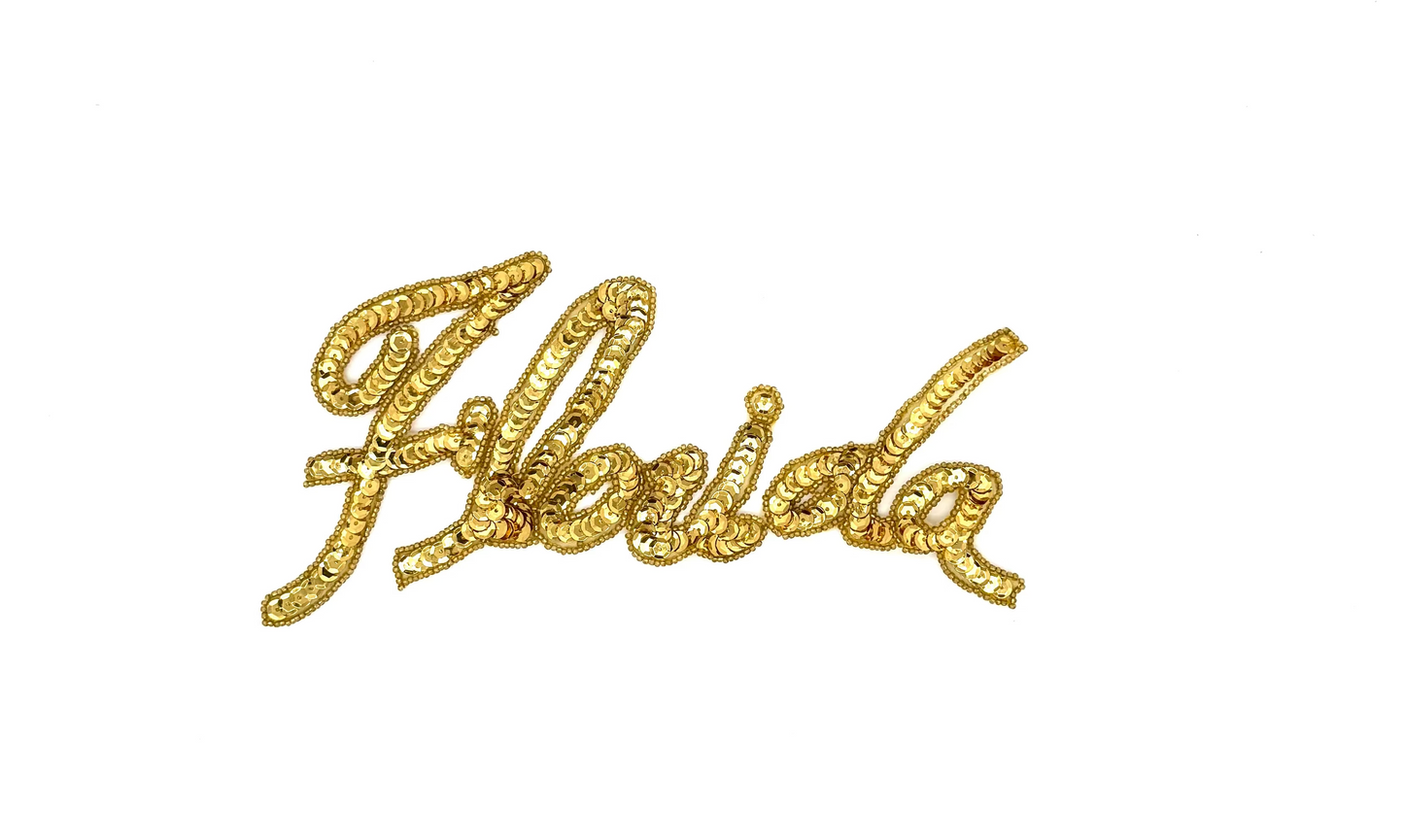 La palabra "Florida" - Lentejuelas/Cuentas doradas - 22.86 cm x 10.16 cm