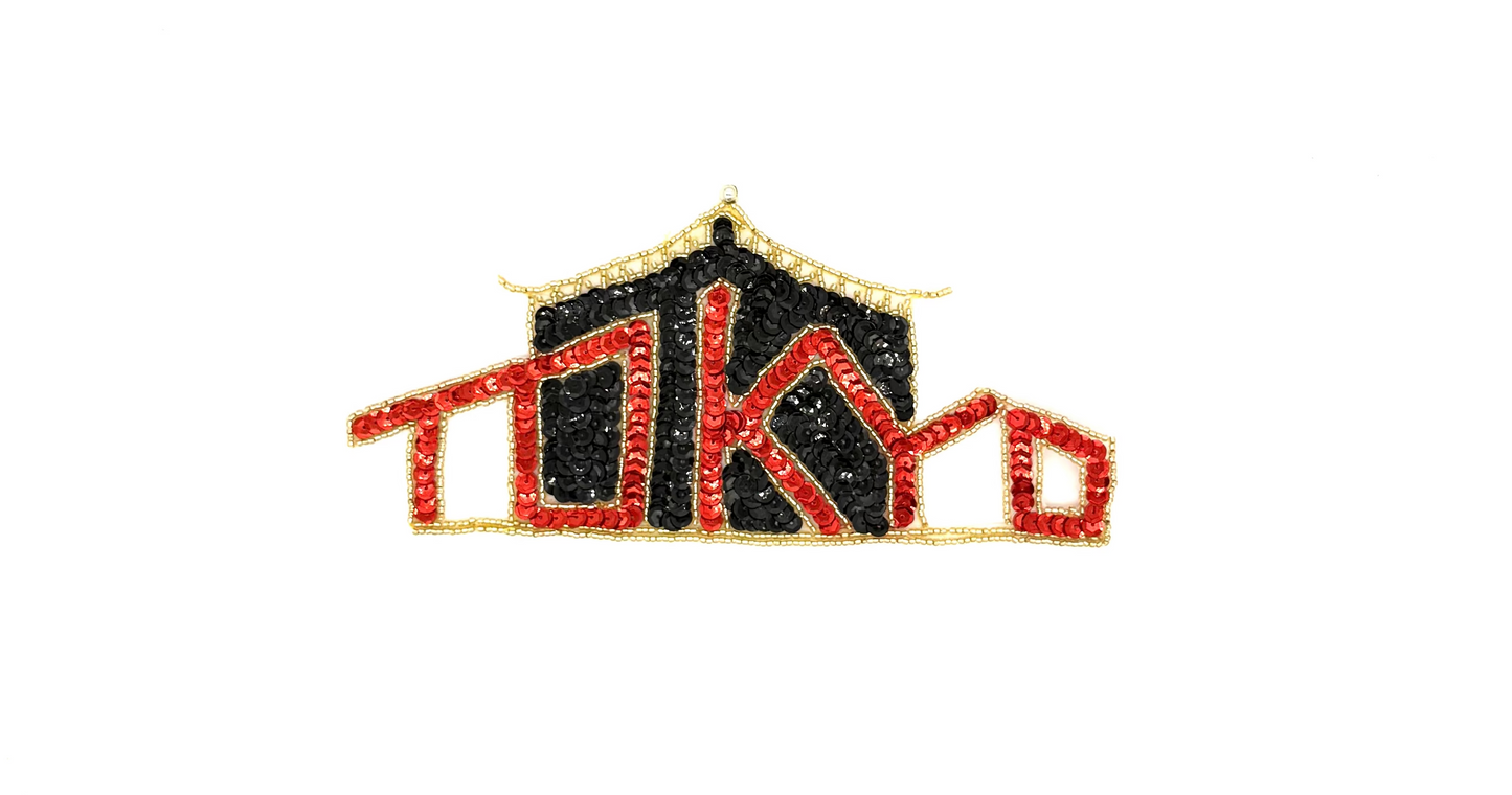 “Tokyo” Set against a background shaped like a Pagoda - Red/Black Sequins - Gold Beads - 8.5" x 4.5"