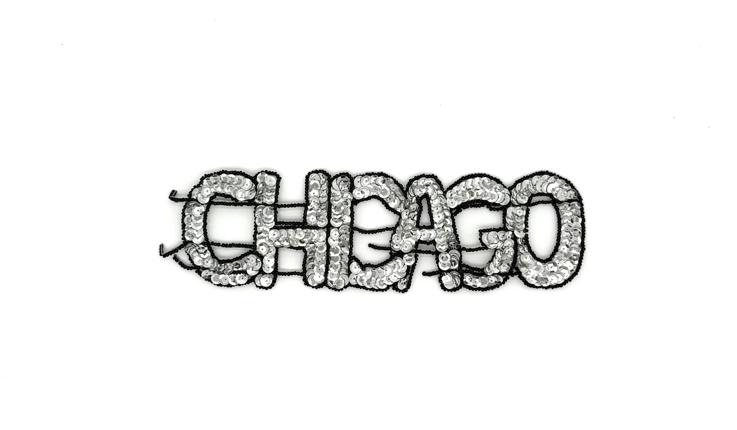 The Word “Chicago” - Silver Sequins - Black Beads - 9.5" x 2.5"