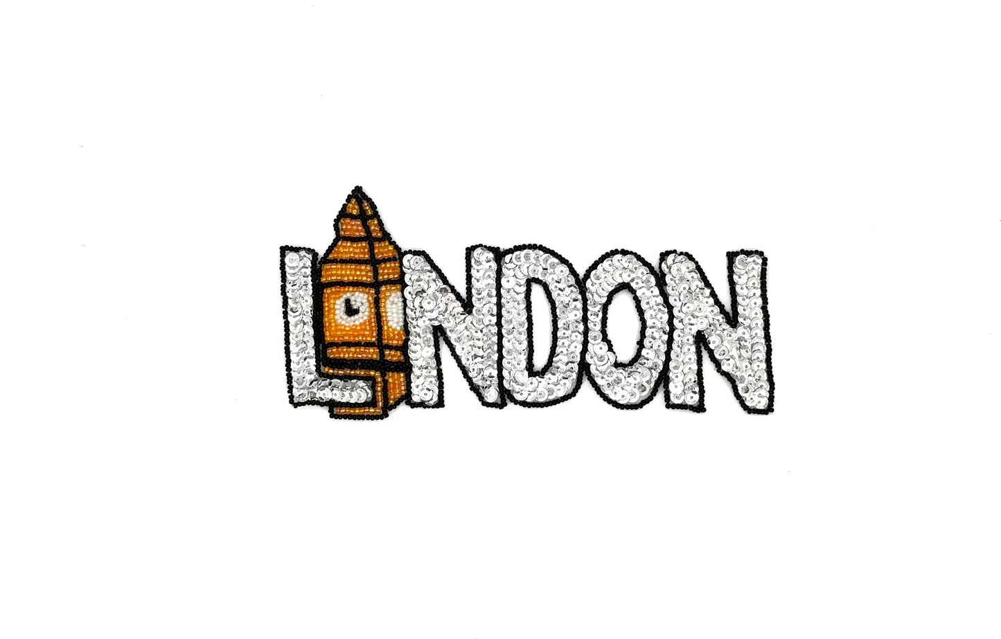 The Word “London” with Big Ben - Silver Sequins - Black/White/Brick Orange Beads 7" x 3.5"