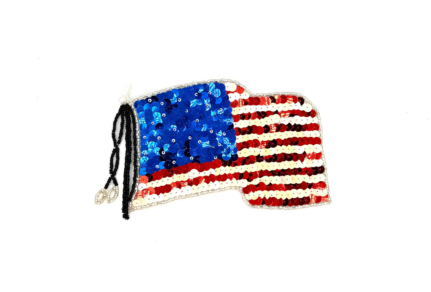American Flag Appliqué - Red/White/Blue Sequins - Black/White/Silver Beads - Pearls - 8.5" x 5"
