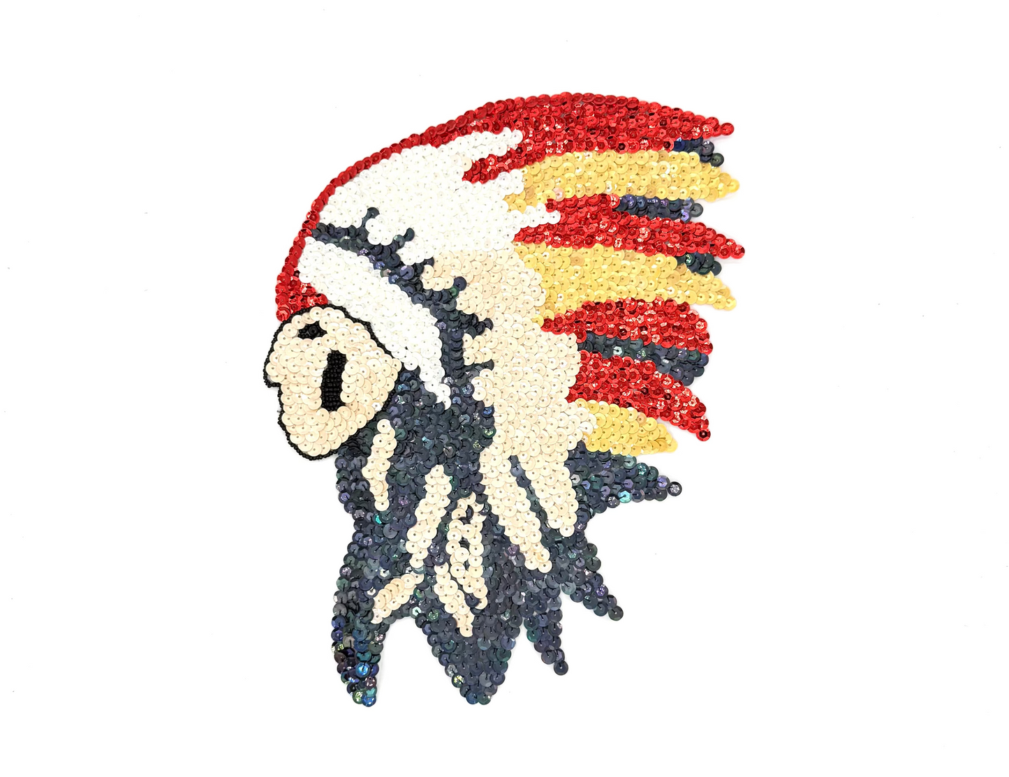 Native American Chief Appliqué - Multicolored Sequins - Black Glass Beads 11”x 9”