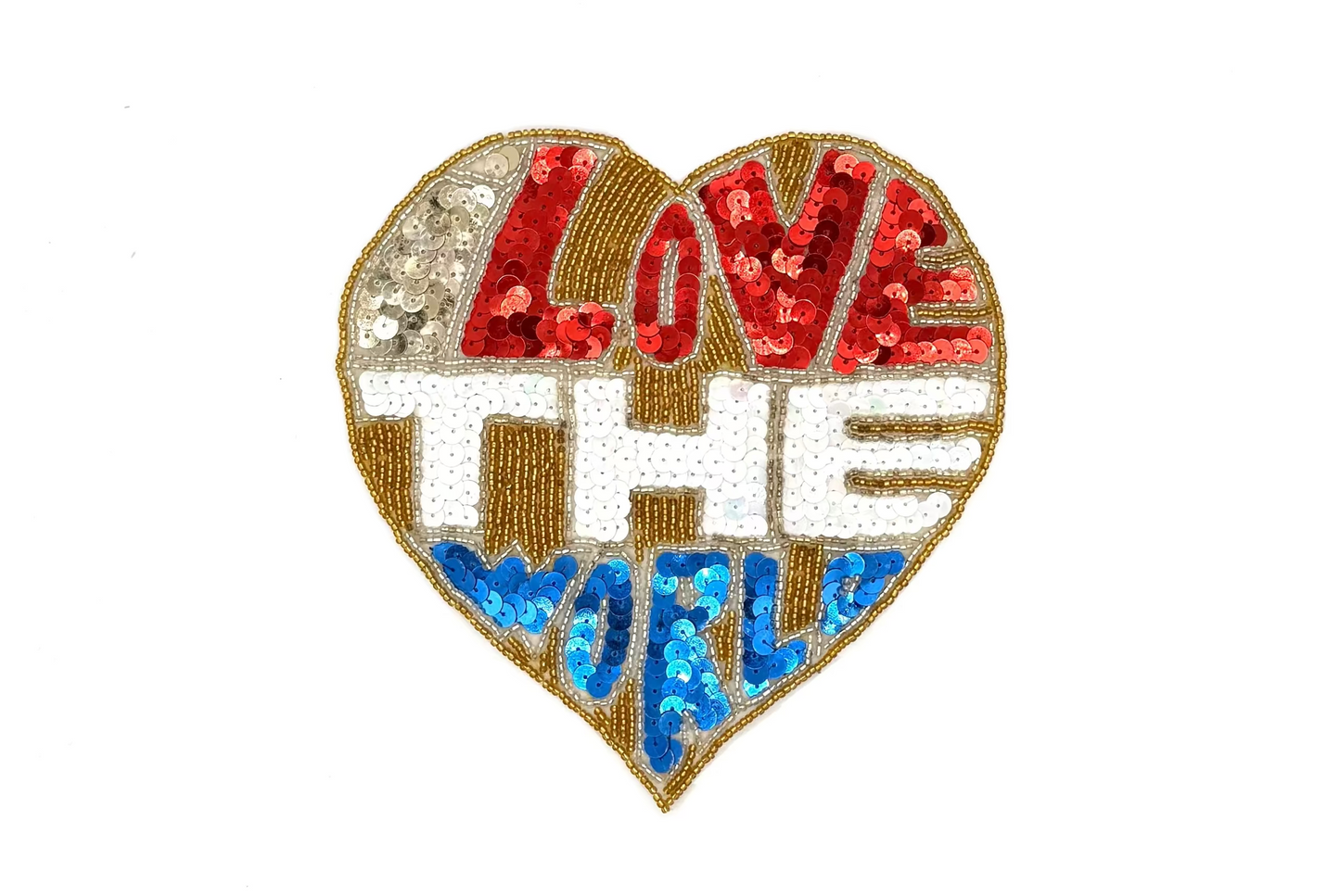 Heart with Phrase "I Love the World" - Multicolored Sequins - Gold/Silver Glass Beads - 6.5" x 6.5"