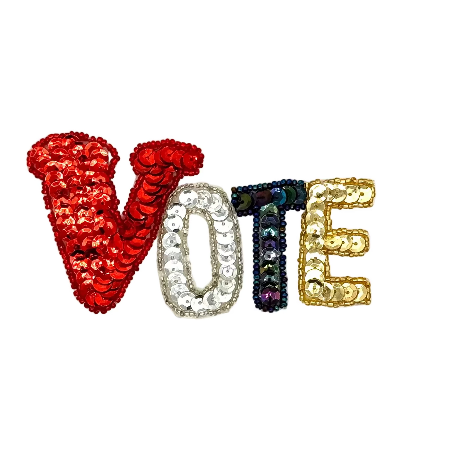 Sequined letters spelling 'VOTE' on a white background