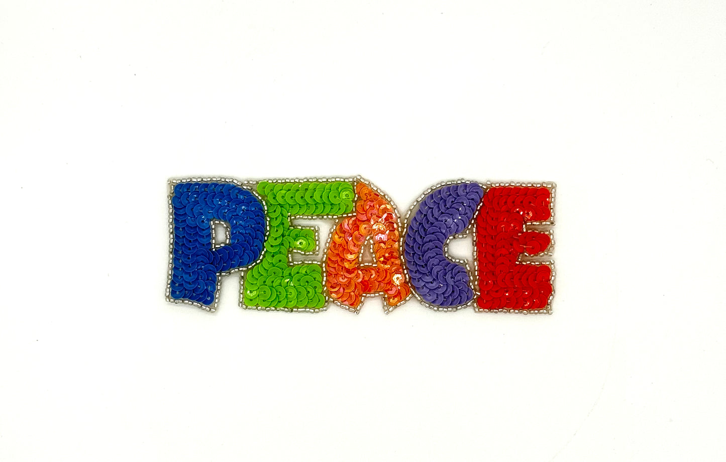 The Word ‘Peace” Appliqué - Multicolor Sequins -Silver Glass Beads 6" x 2"