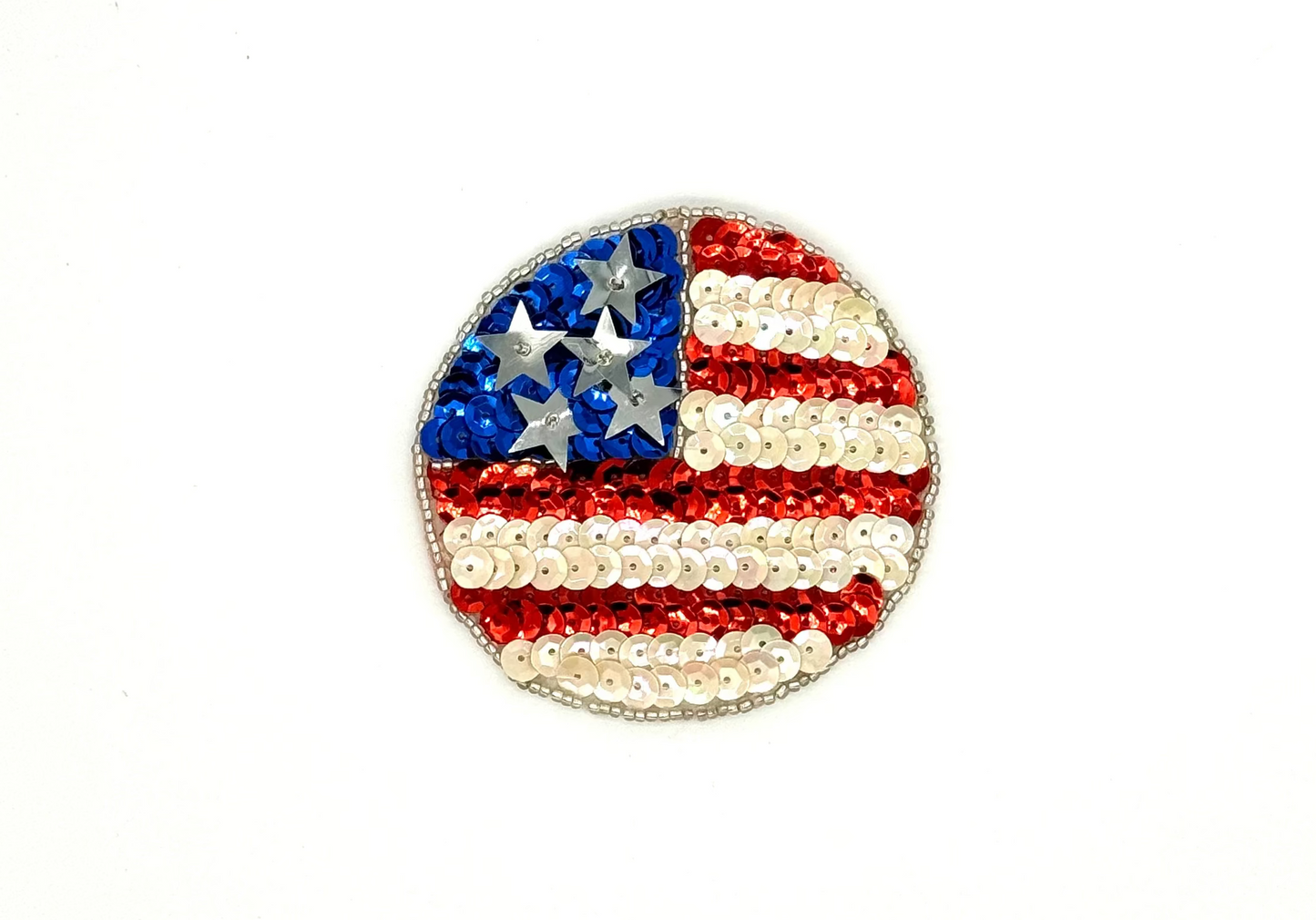 Pin circular Bandera Americana - Lentejuelas rojas/blancas/azules, abalorios de cristal plateados de 7,6 cm