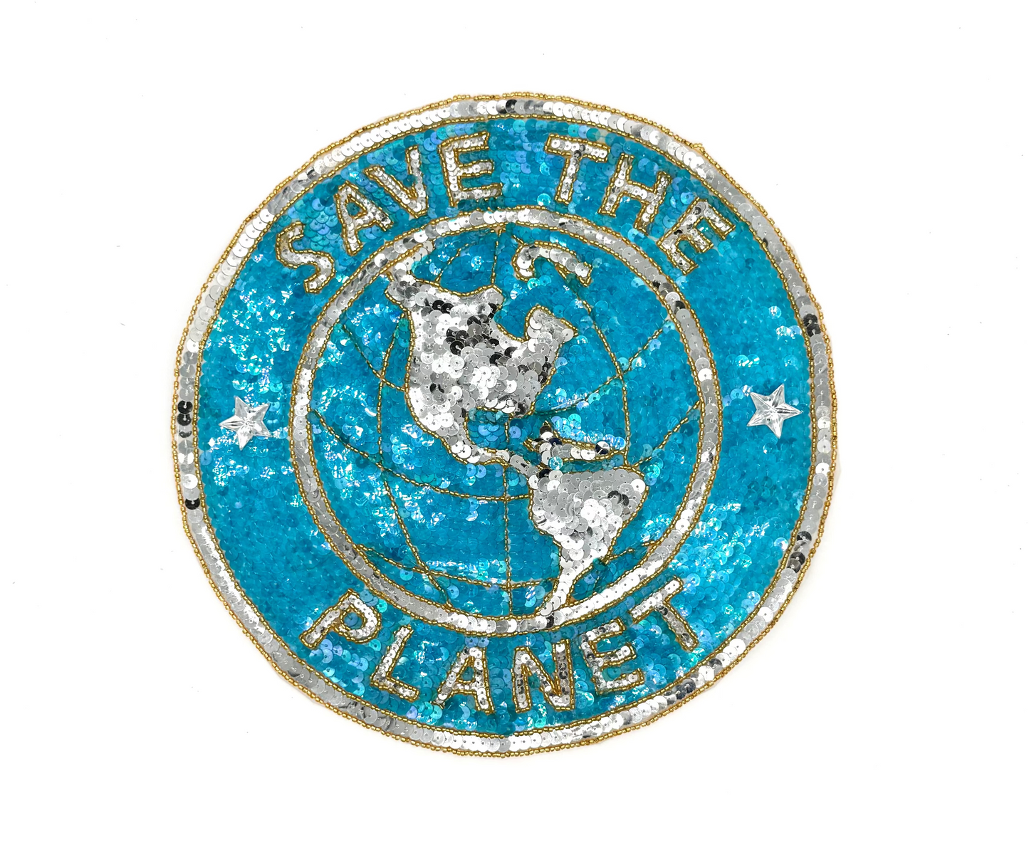 "Save the Planet" Appliqué - Turquoise/Silver Sequins - Gold Glass Beads 11.5” x 11.5”