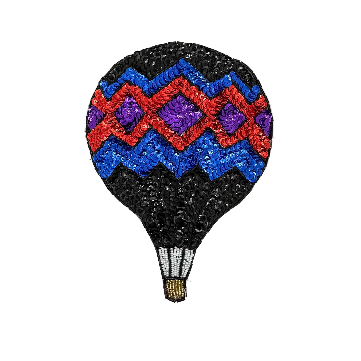 Colorful sequin and bead hot air balloon patch with black base on a white background