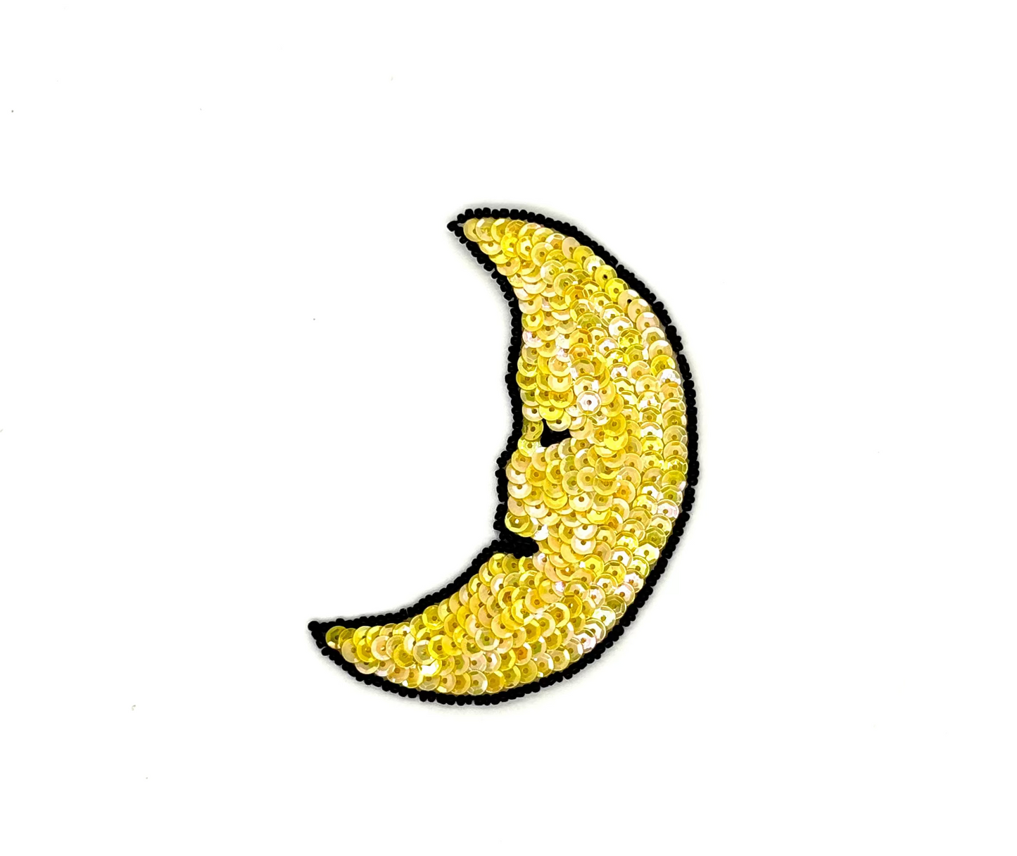 Crescent Moon Face - Yellow Sequins - Black Glass Beads 4" x 3"