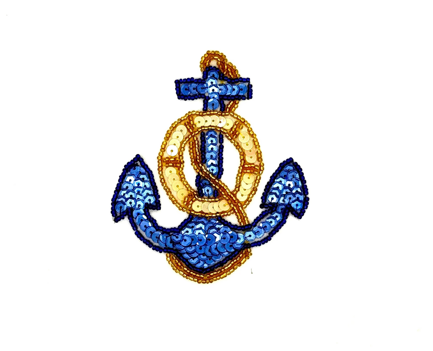 Ancla con Cuerda - Lentejuelas Azules - Cuentas Doradas/Azules 4.25" x 3.5"