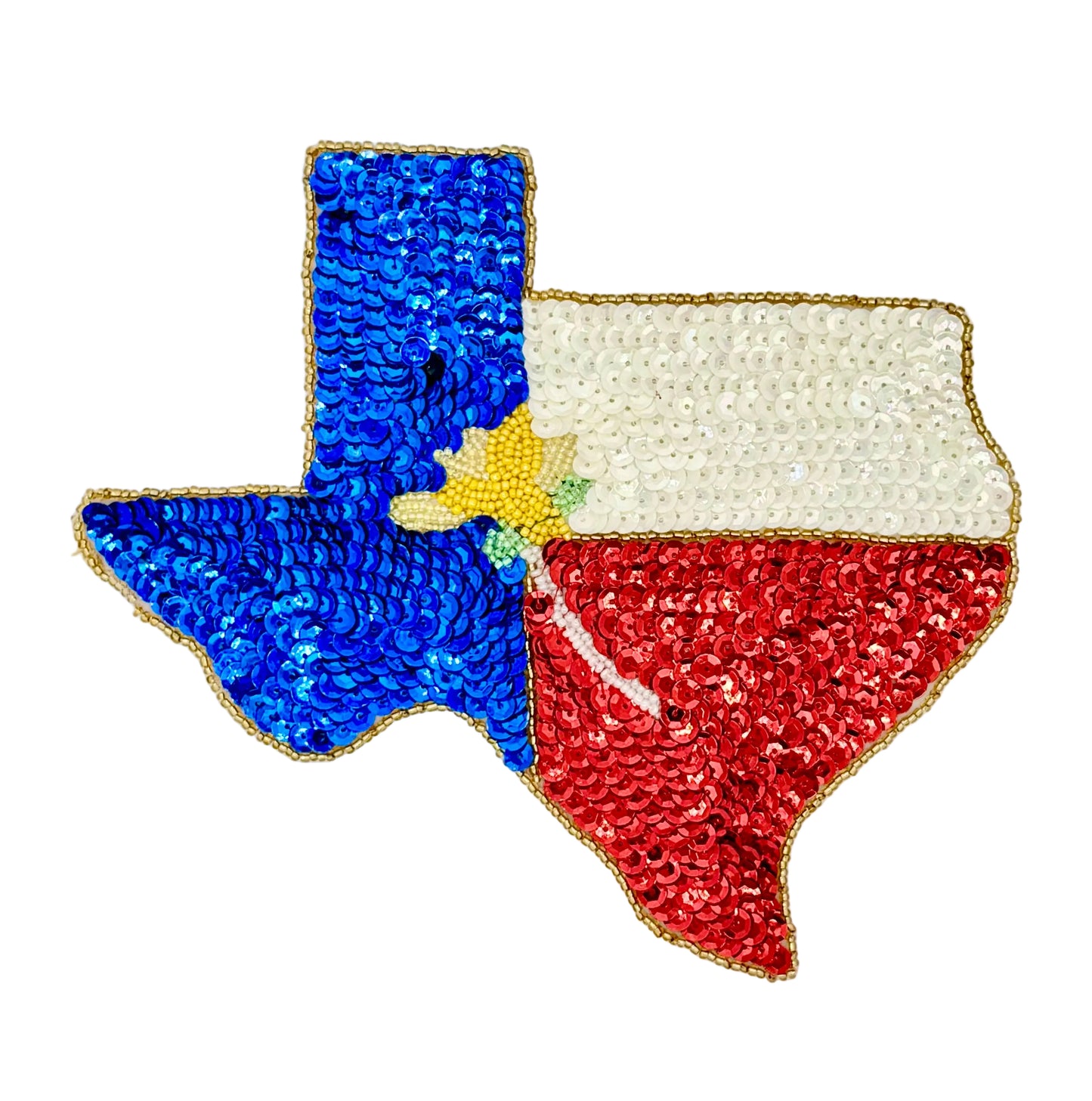 Sequined Texas-shaped patch with blue, white, and red colors on a white background