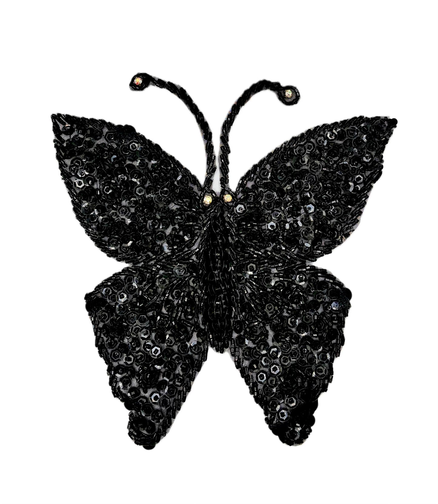 Handmade Butterfly Appliqué - Black Sequins and Beads - AB Rhinestones 7" x 6.75"