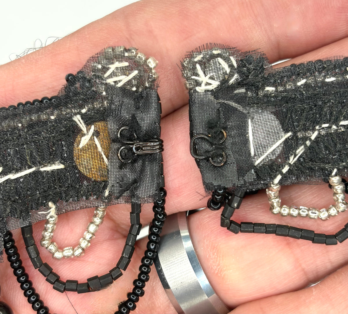 Hook and Eye Clasp - Black and Silver Glass Beads - Rhinestones 2" x 2" each side