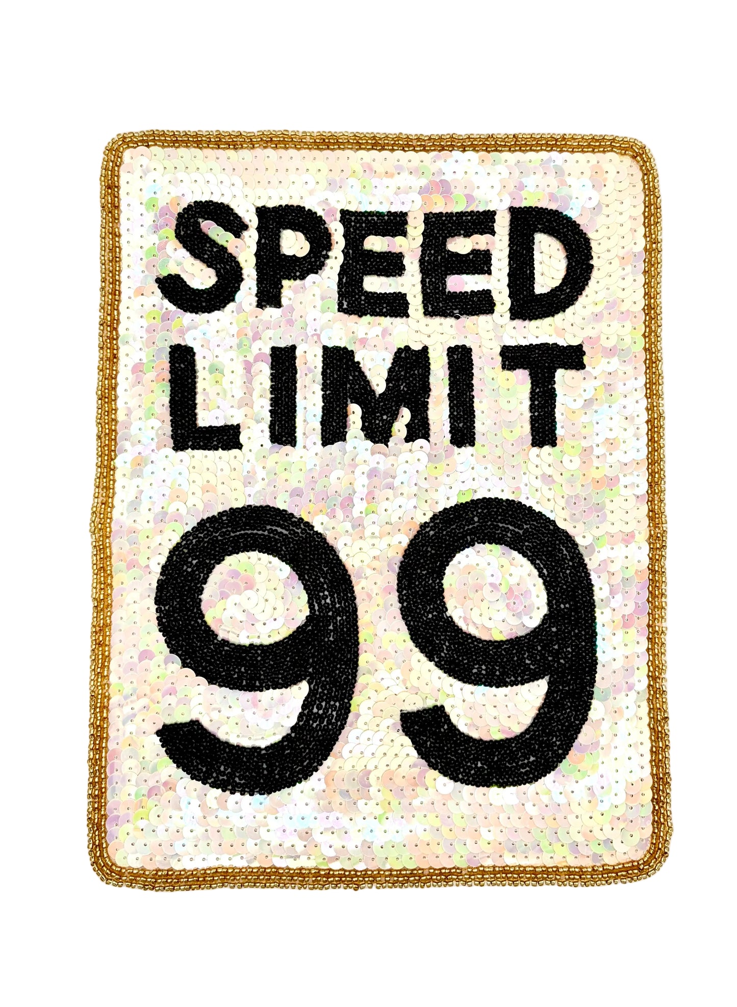 A rectangular embroidered patch with a gold border, featuring the words 'SPEED LIMIT' in black above the large number '99' on a white background.