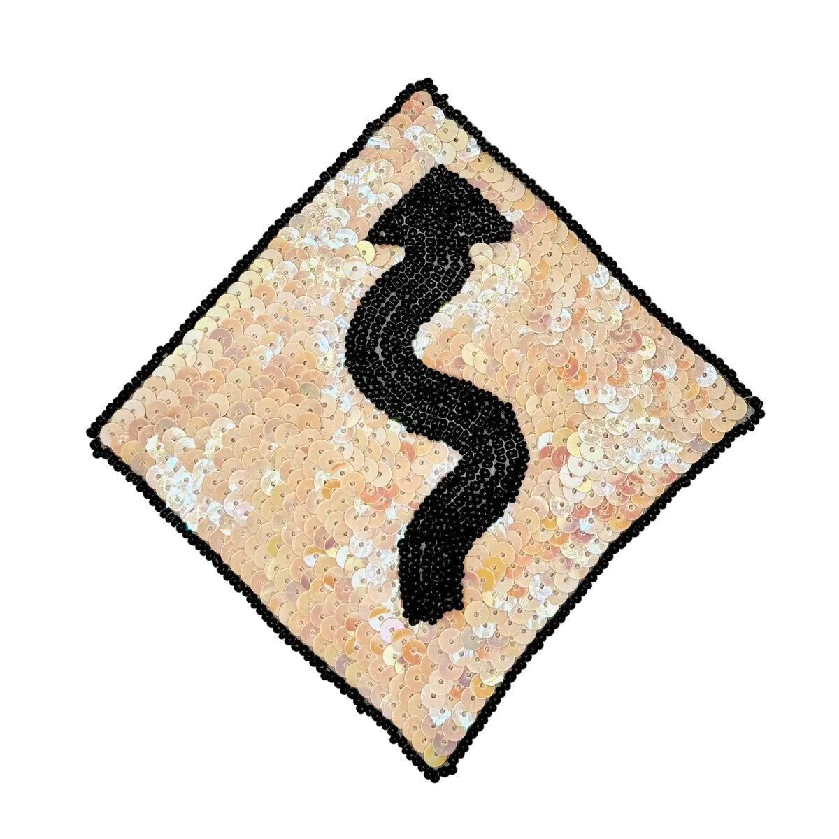 Curves Ahead Road Sign Appliqué – Iridescent Beige Sequins with Black Glass Beads, 5.75" x 5.5"