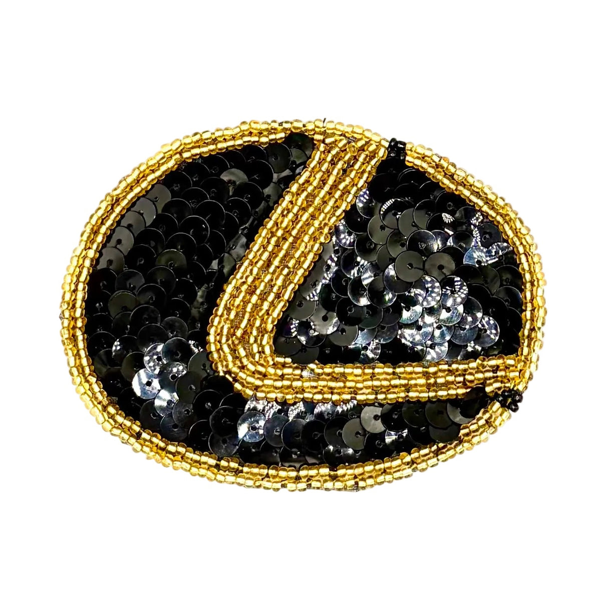 A vintage beaded oval emblem featuring a black sequin base with a prominent gold beaded 'L' design in the center, resembling the Lexus logo, on a solid white background.