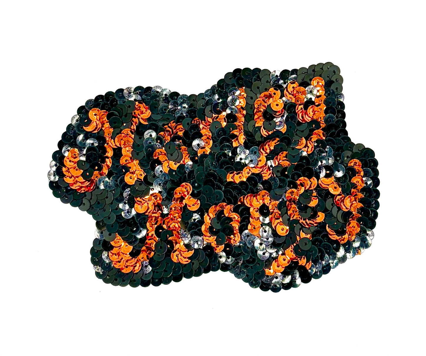 A cluster of black and orange sequins arranged to spell the phrase 'Harley Honey' on a plain white background.
